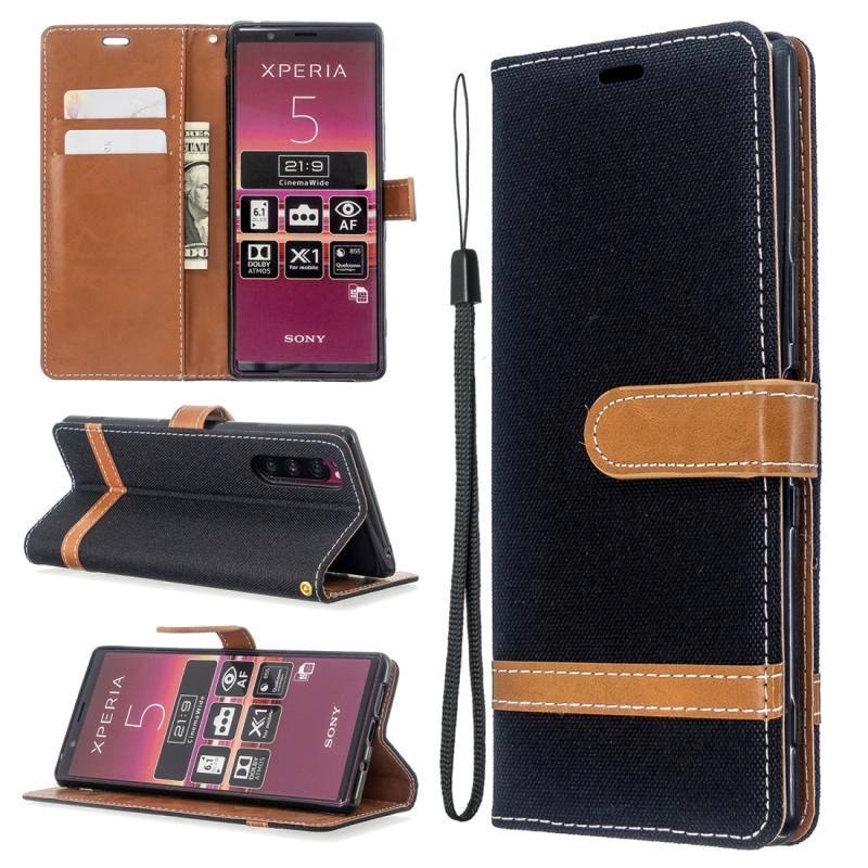 Voor Sony Xperia 5 / XZ5 Color Matching Denim Texture Horizontal Flip PU Leather Case met Holder & Card Slots & Wallet & Lanyard(Black)