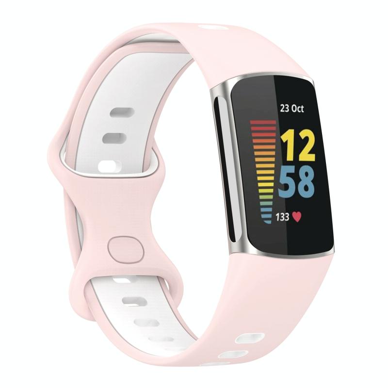 Voor Fitbit Charge 5 tweekleurige siliconenvervangingriem horlogeband (roze wit)