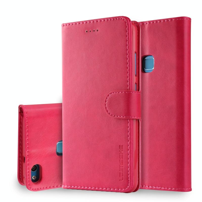 Voor Huawei P10 Lite LC. IMEEKE Calf Texture Horizontal Flip Leather Case met Holder & Card Slots & Wallet(Rose Red)