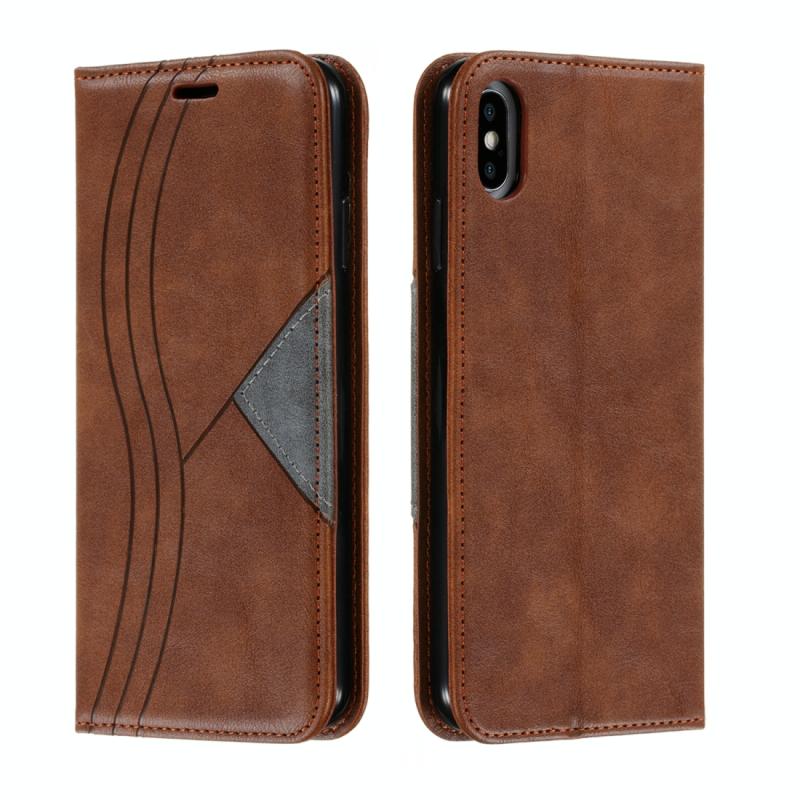 For iPhone XS Max Splicing Color Magnetic Hem Horizontal Flip Leather Case with Holder & Card Slots(Brown)