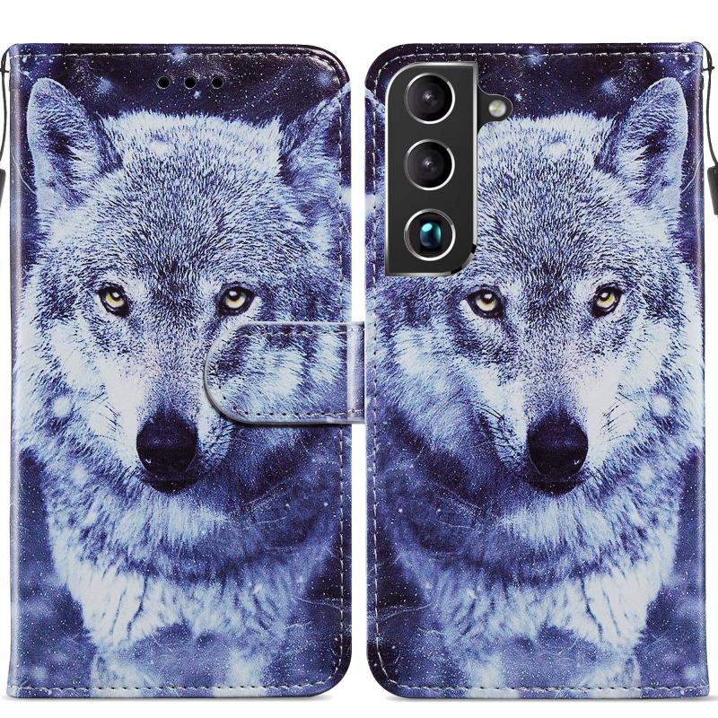 Voor Samsung Galaxy S22 5G geschilderd patroon horizontale flip telefoon lederen tas met houder & kaart slots & fotolijst (witte wolf)