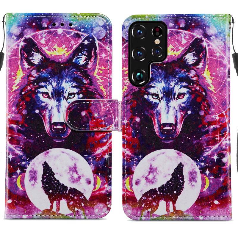 Voor Samaung Galaxy S22 Ultra 5G geschilderd patroon horizontale flip telefoon lederen tas met houder & kaart slots & fotolijst (Wolf Totem)