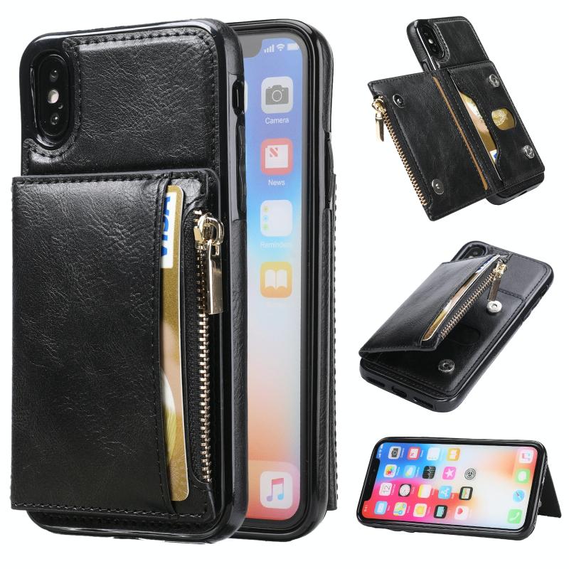Zipper Wallet Bag PU Back Cover Shockrpoof Phone Case with Holder & Card Slots & Wallet For iPhone X / XS(Black)