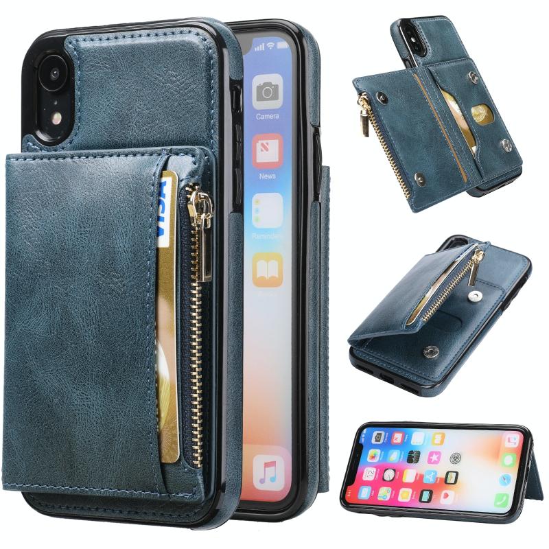 Zipper Wallet Bag PU Back Cover Shockrpoof Phone Case with Holder & Card Slots & Wallet For iPhone XR(Blue)