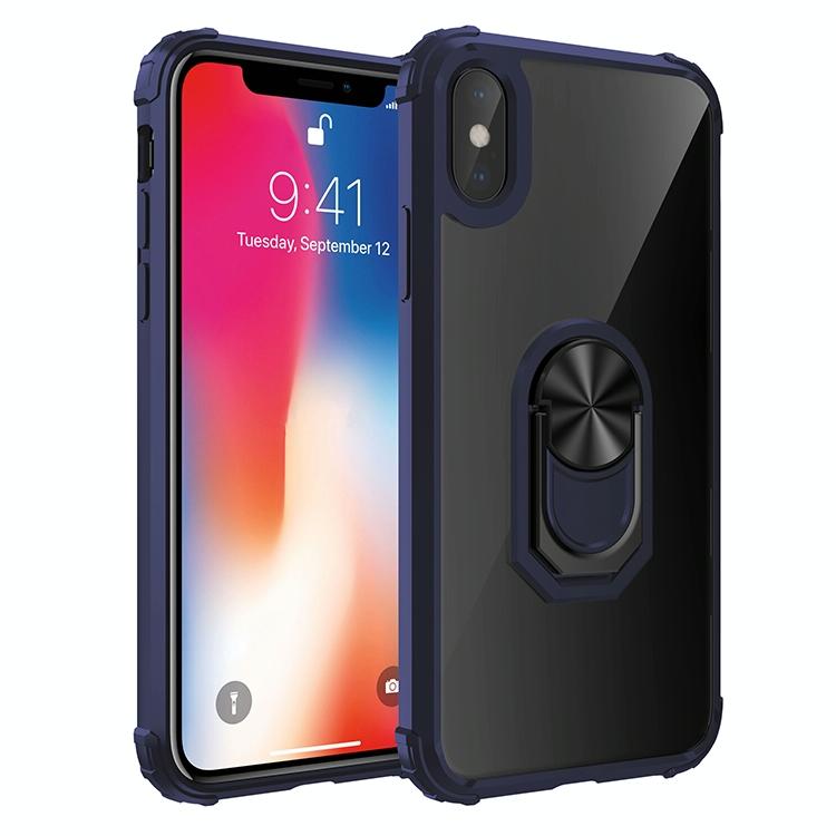 Voor iPhone X / XS Shockproof Transparante TPU + acryl beschermhoes met ringhouder(blauw)