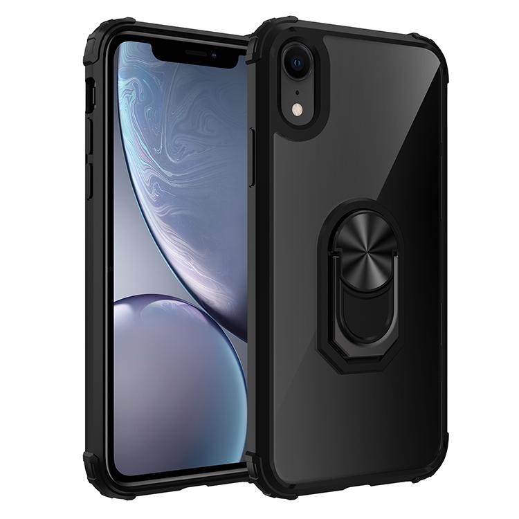 Voor iPhone XR Schokbestendige Transparante TPU + acryl beschermhoes met ringhouder(zwart)