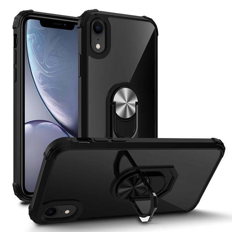 Voor iPhone XR Schokbestendige Transparante TPU + acryl beschermhoes met ringhouder(Zilver zwart)