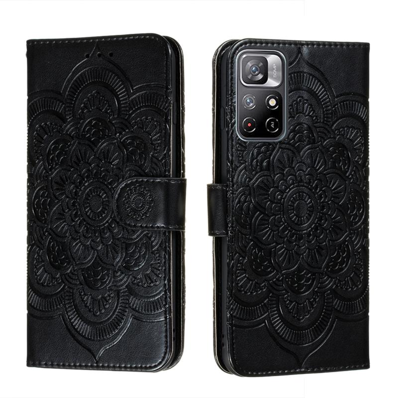 Voor Xiaomi Redmi Note 11 Sun Mandala Embossing Pattern Phone Lederen Case met Houder & Card Slots & Wallet & Lanyard (Zwart)