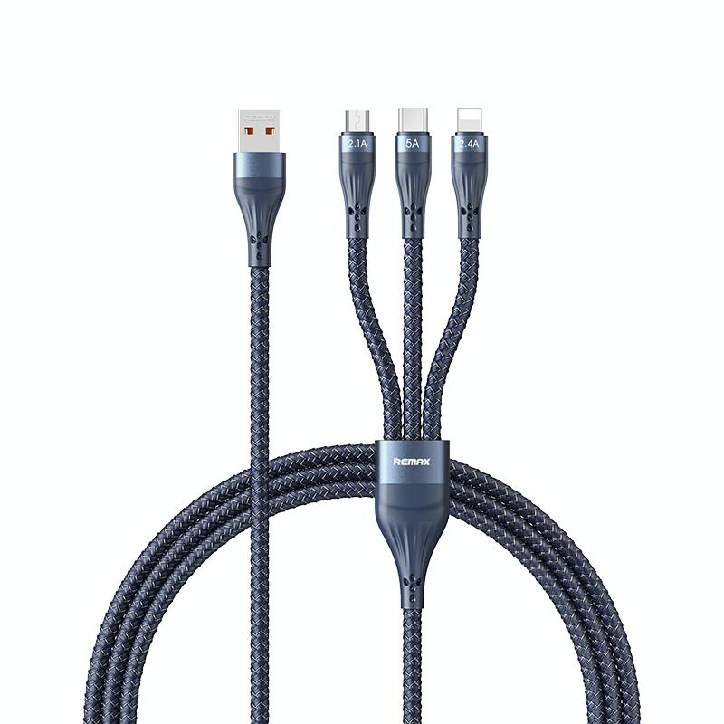 Remax RC-199e WHIRLY SERIES 5A USB naar USB-C / Type-C + 8 PIN + MICRO USB Snelle oplaadgegevenskabel kabellengte: 1 2 m (Midnight Blue)