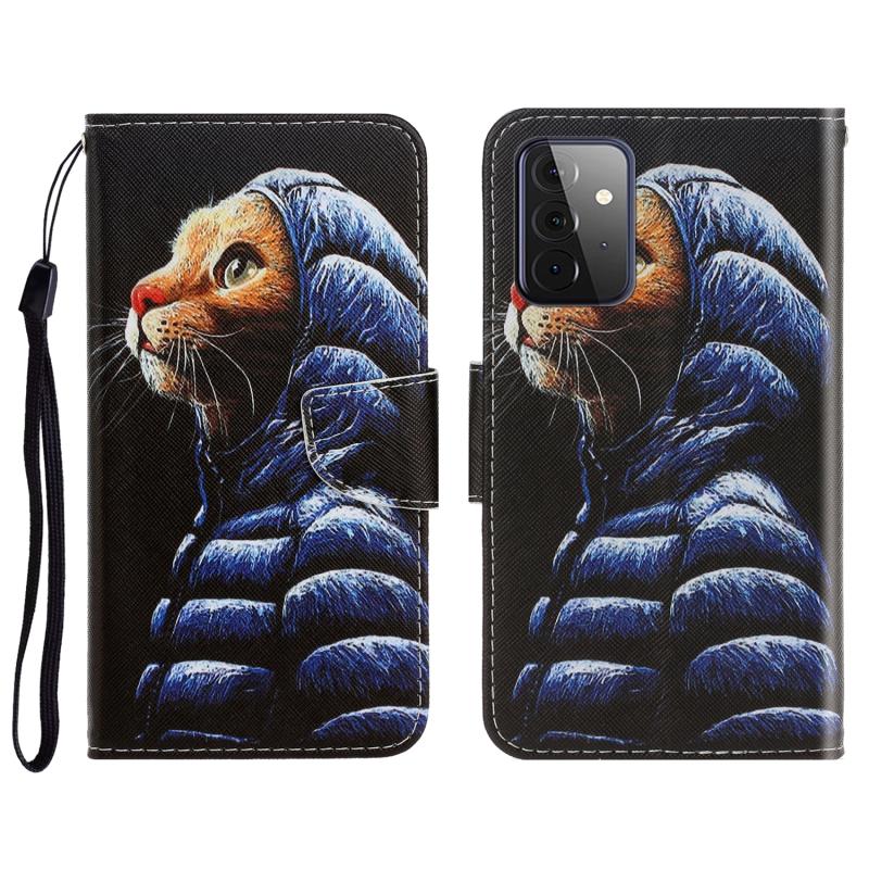 Voor Sansung Galaxy A72 3D-gekleurde tekening horizontale flip lederen telefoonhoesje met houder & kaart slots & portemonnee (donsjack kat)