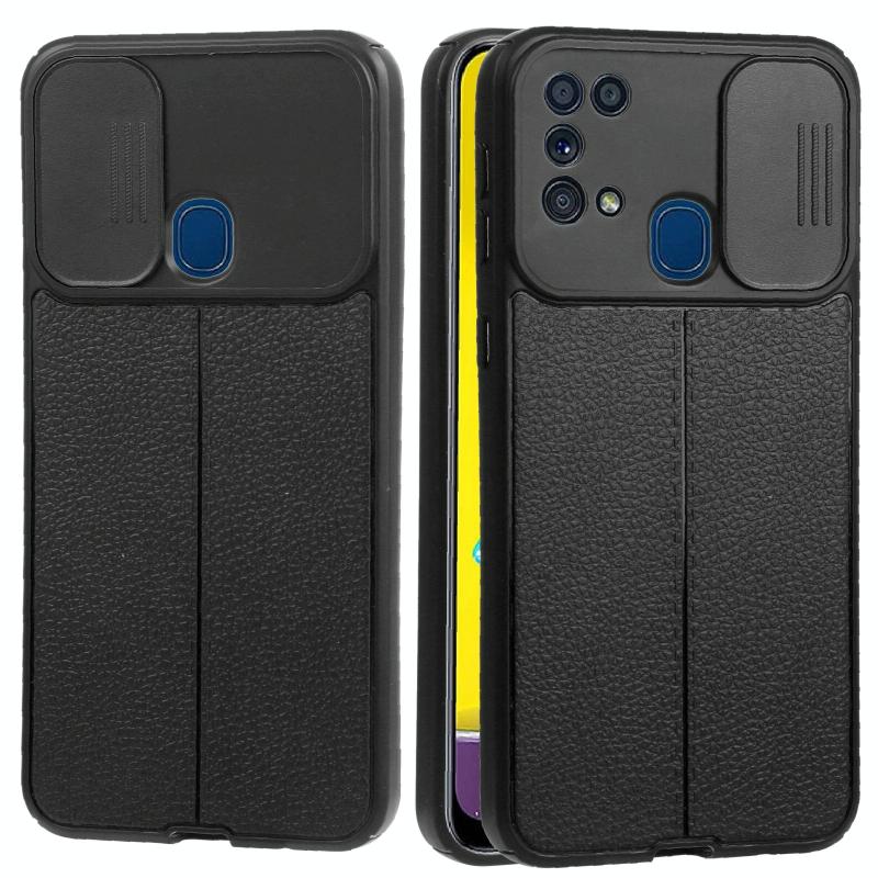 Voor Samsung Galaxy M21 / M31 Litchi Texture Sliding Camshield TPU Telefoonhoes (Zwart)