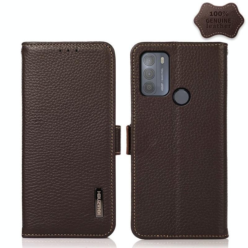 Voor Motorola Moto G50 Khazneh Side-Magnetic Litchi Echt leer RFID Case (Brown)