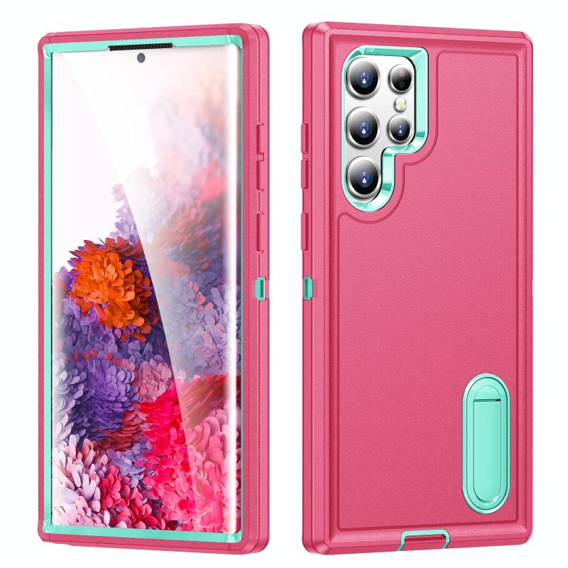 Voor Samsung Galaxy S22 Ultra 5G 3 in 1 Rugged Holder Phone Case (Pink + Blue)