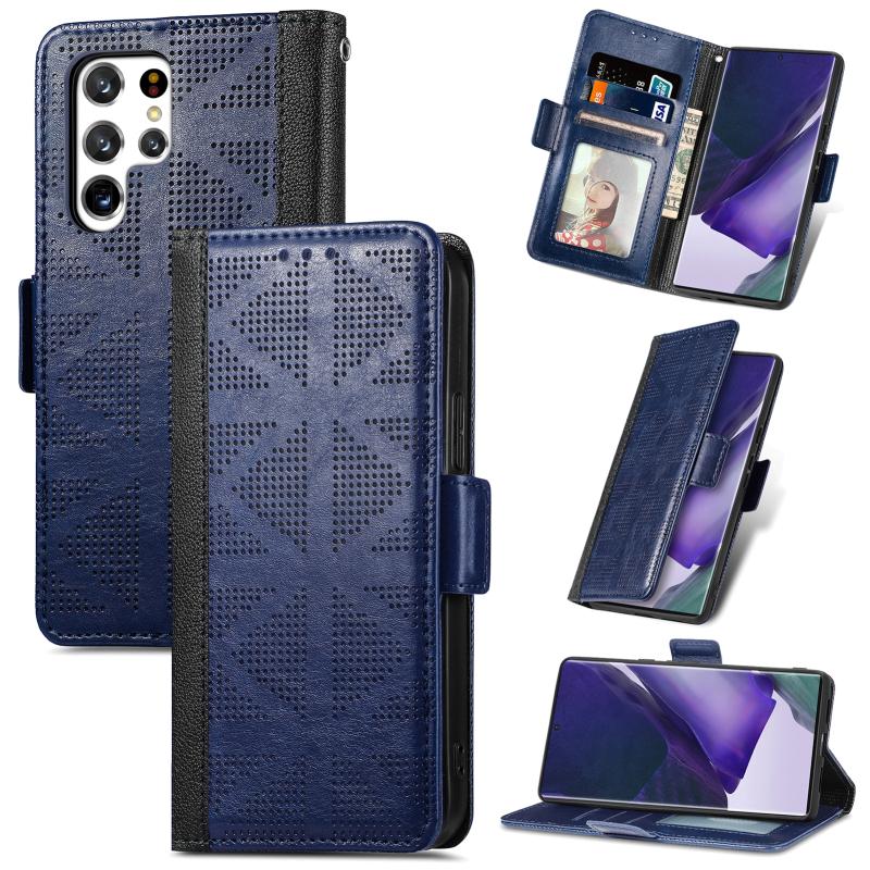 Voor Samsung Galaxy S22 Ultra 5G Grid Lederen Flip Phone Case