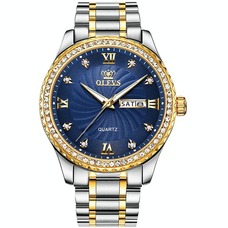 OLEVS 5565 Mannen Fashion Waterproof Stainless Steel Strap Diamond Quartz Watch(Blauw)