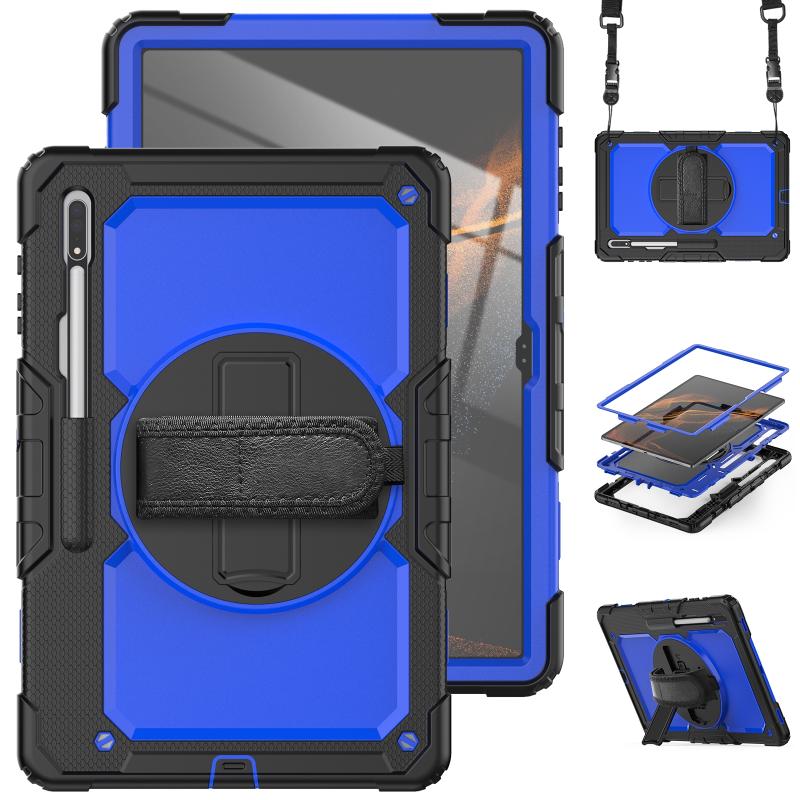 Voor Samsung Galaxy Tab S8 Ultra 14.6 Inch SM-X900 Siliconen + PC Tablet Case met schouderriem (zwart + donkerblauw)