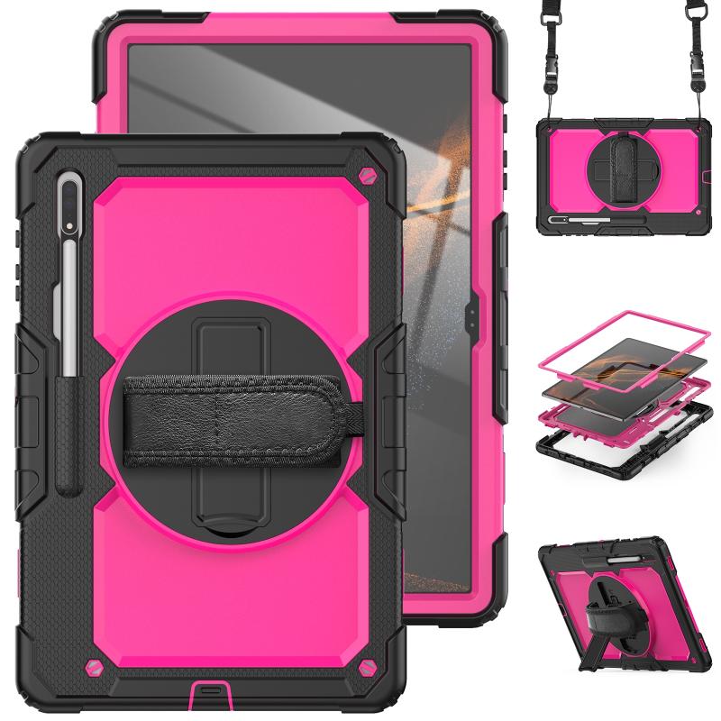 Voor Samsung Galaxy Tab S8 Ultra 14.6 Inch SM-X900 Siliconen + PC Tablet Case met schouderriem (zwart + rose rood)