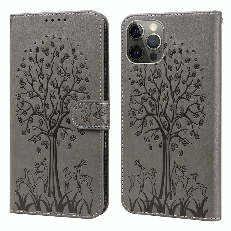 Tree & Deer patroon geperst afdrukken horizontale flip lederen telefooncase voor iPhone 12/12 pro
