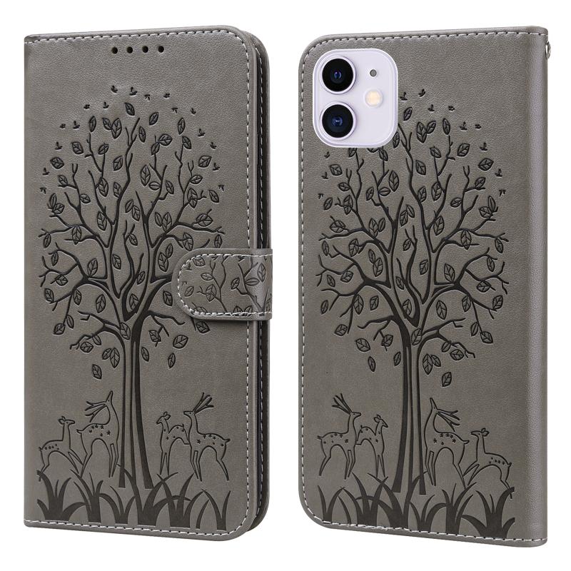 Tree & Deer patroon geperst afdrukken horizontale flip lederen telefooncase voor iPhone 12 mini / 13 mini