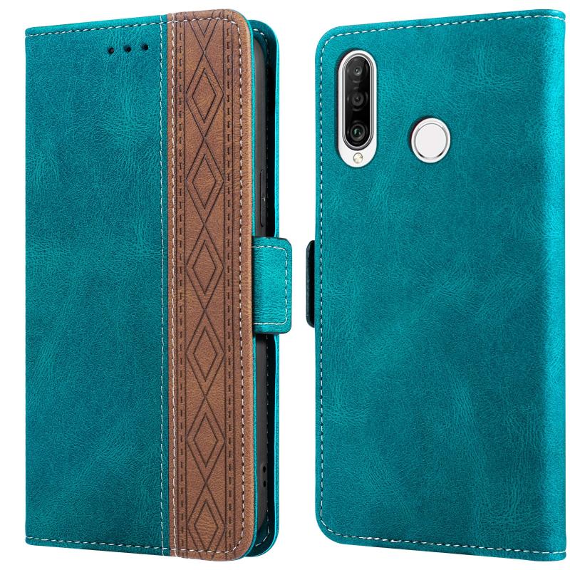 Voor Huawei P30 Lite Stitching Side-Magnetic RFID lederen telefoonhoes (Dark Green)