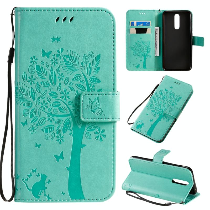 Voor Xiaomi Redmi 8 Tree & Cat Patroon Geperst Afdrukken Horizontale Flip PU Lederen case met Holder & Card Slots & Wallet & Lanyard(Groen)