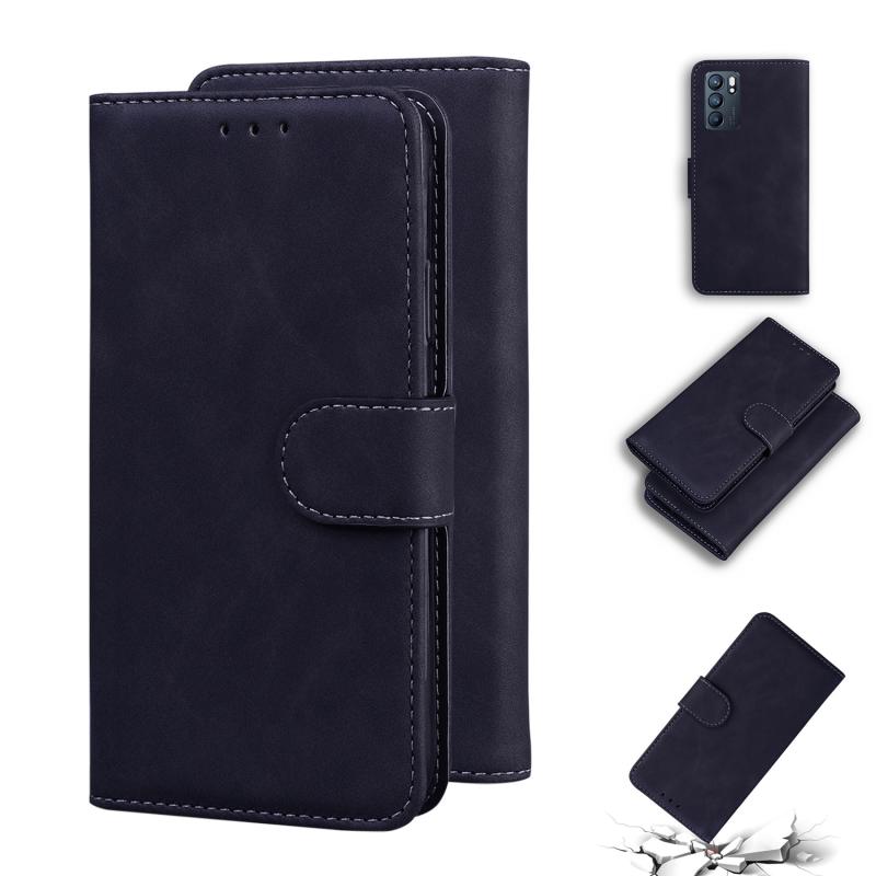 Voor Oppo Reno6 Skin Feel Pure Color Flip Leather Phone Case (Black)