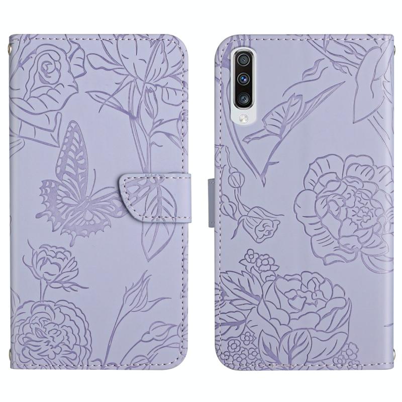 Voor Samsung Galaxy A50 Skin Feel Butterfly Peony reliëf lederen telefooncase