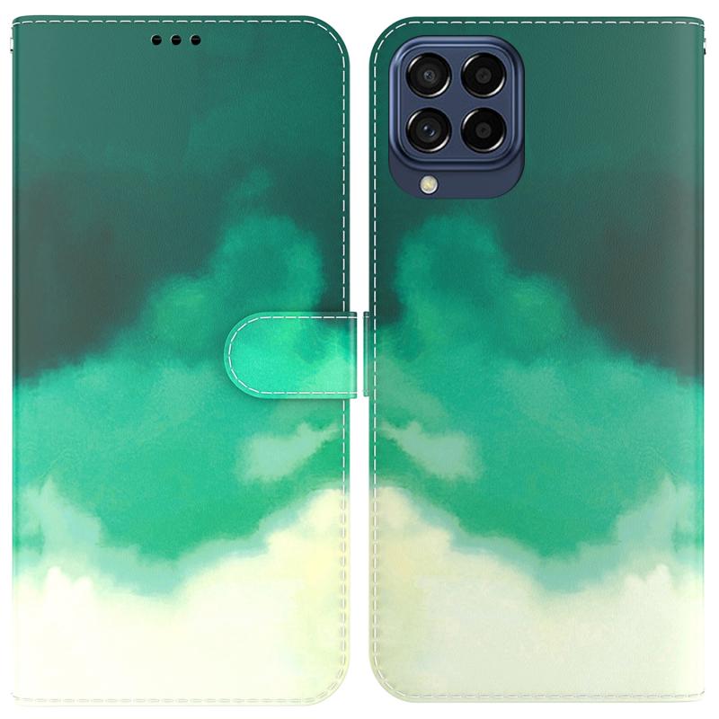 For Samsung Galaxy M33 5G 165.4mm Watercolor Pattern Flip Leather Phone Case(Cyan Green)