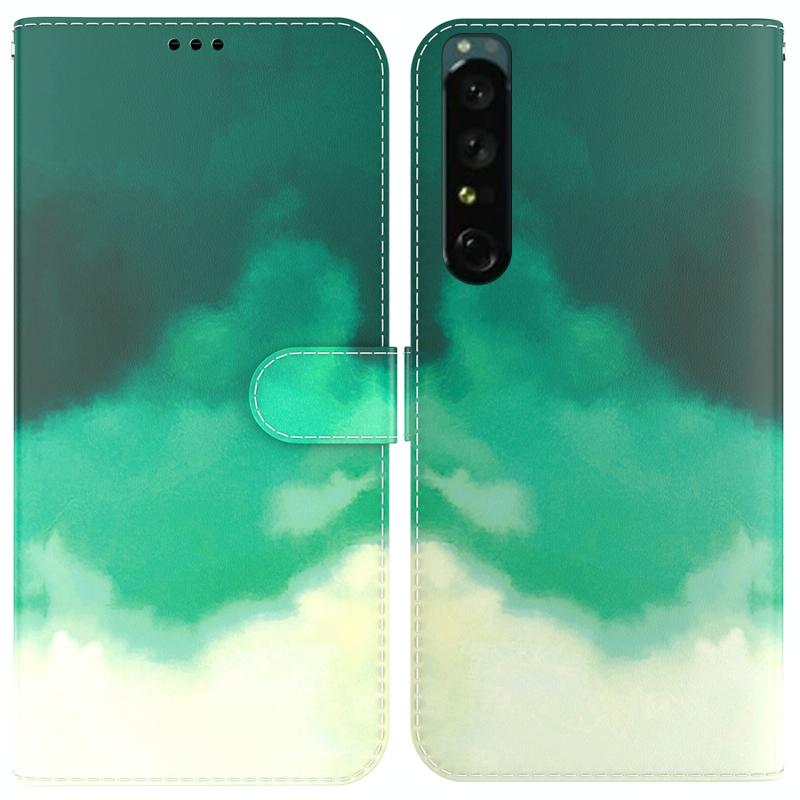 For Sony Xperia 1 IV Watercolor Pattern Flip Leather Phone Case(Cyan Green)