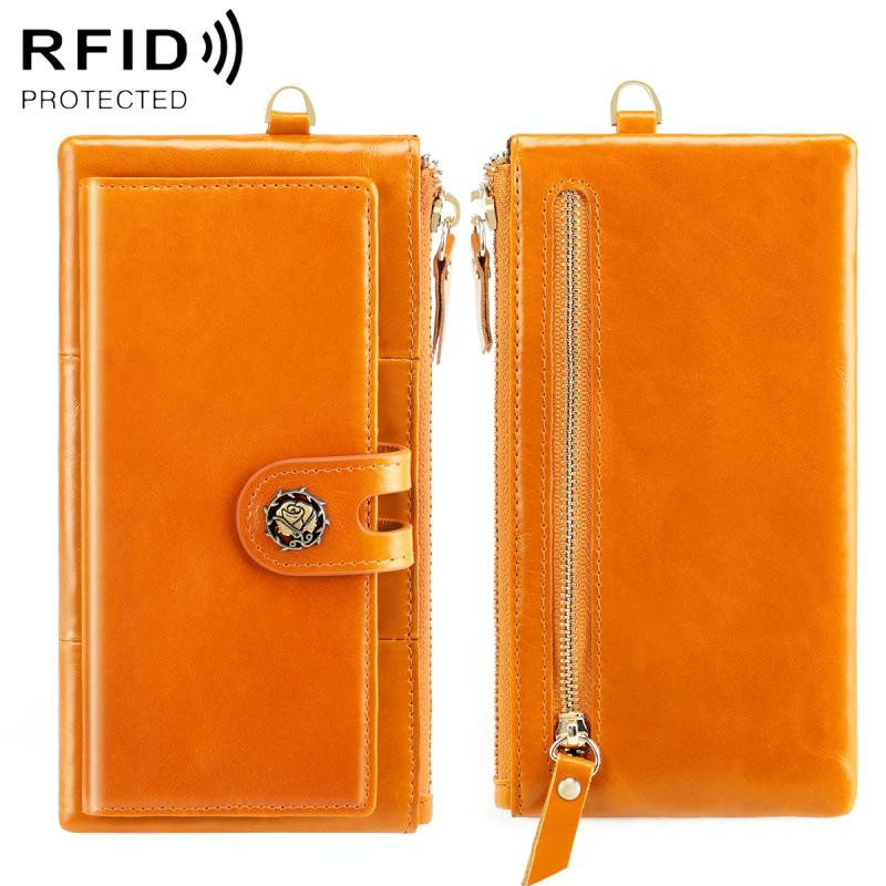 3506 RFID Anti-Degaussing Oil Wax Vintage Texture Genuine Leather Hand Held Wallet for Ladies(Yellow)