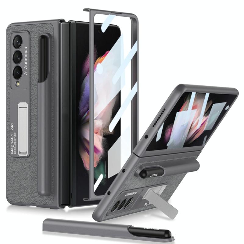 For Samsung Galaxy Z Fold3 5G GKK Ultra-thin Shockproof Leather Protective Case with Holder & Pen Slots(Grey)