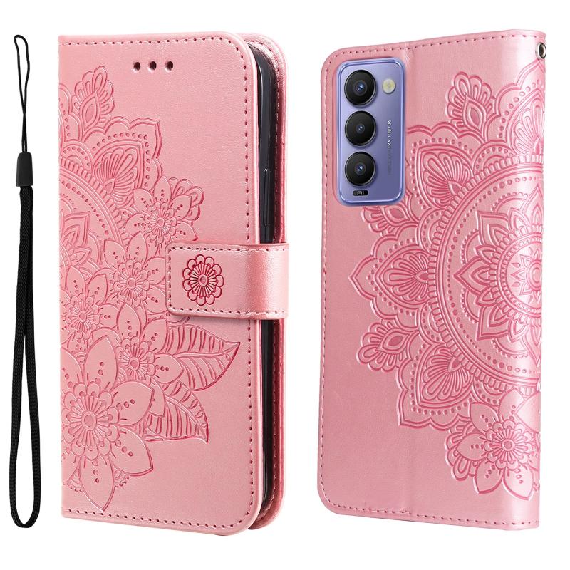 For Tecno Camon 18/18P 7-petal Flowers Embossed Flip Leather Phone Case(Rose Gold)