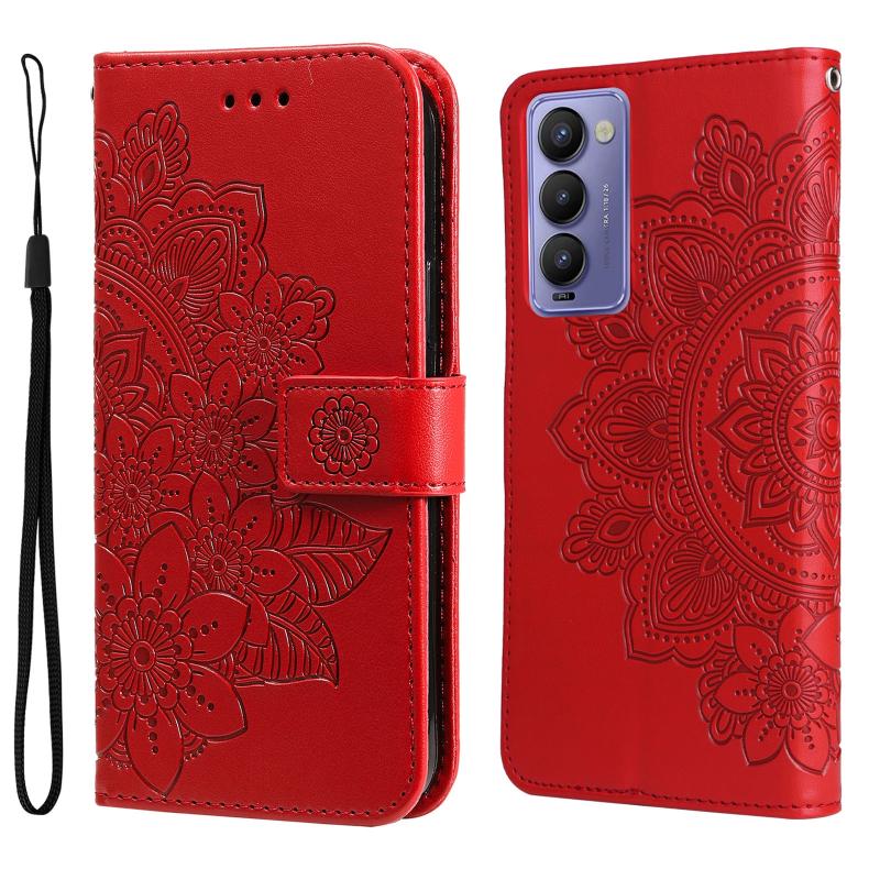 For Tecno Camon 18/18P 7-petal Flowers Embossed Flip Leather Phone Case(Red)