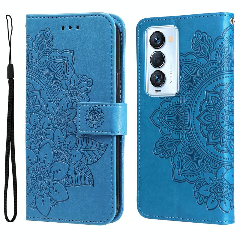 For Tecno Camon 18 Premier 7-petal Flowers Embossed Flip Leather Phone Case(Blue)
