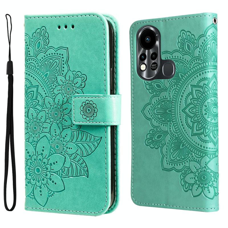 For Infinix Hot 11S 7-petal Flowers Embossed Flip Leather Phone Case(Green)