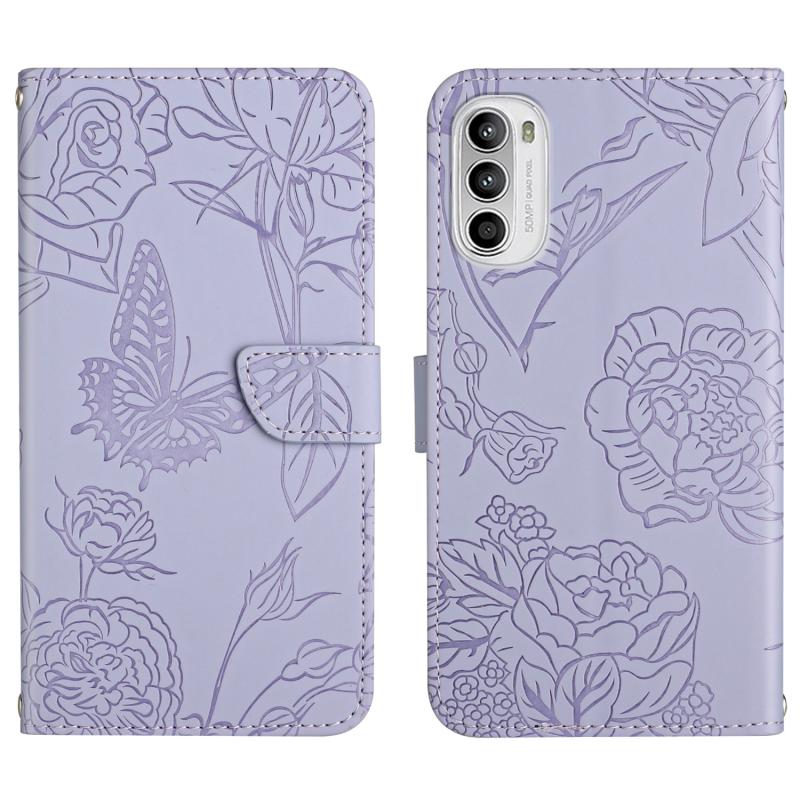 Voor Motorola Moto G52 Skin Feel Butterfly Peony Lederen telefoonhoesje