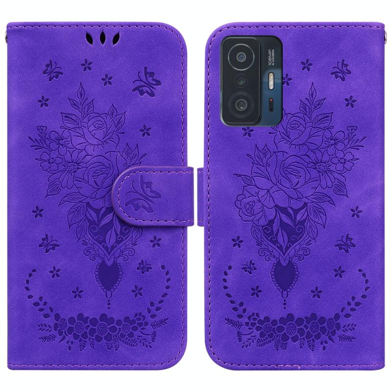 Voor Xiaomi 11t / 11t Pro Butterfly Rose Embosed lederen telefoonhoesje