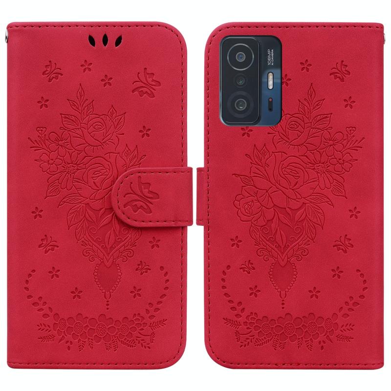 Voor Xiaomi 11t / 11t Pro Butterfly Rose Rose Lederen telefoonhoesje