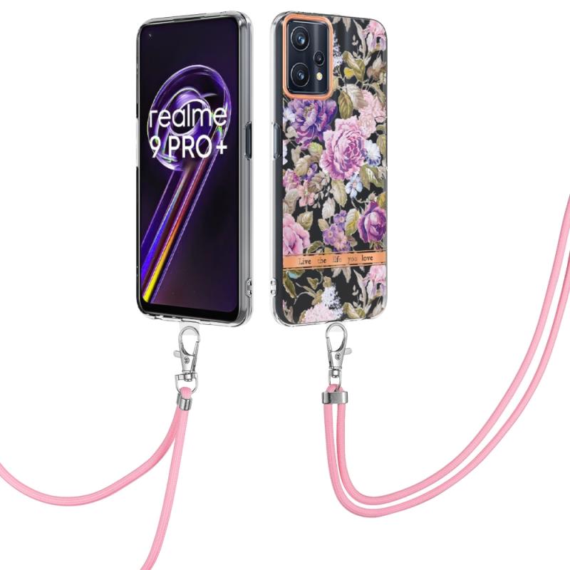 Voor Oppo Realme 9 Pro 5G Flowers -serie TPU -telefoonhoesje met lanyard (Purple Peony)