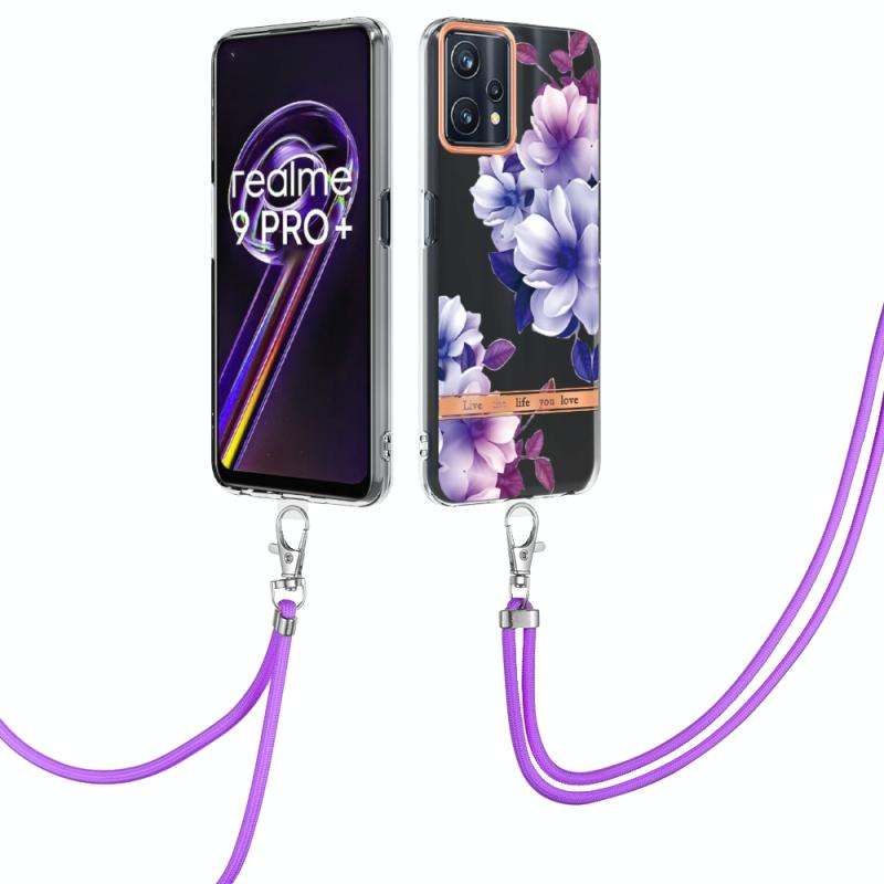 Voor Oppo Realme 9 Pro 5G Flowers -serie TPU -telefoonhoesje met lanyard (Purple Begonia)