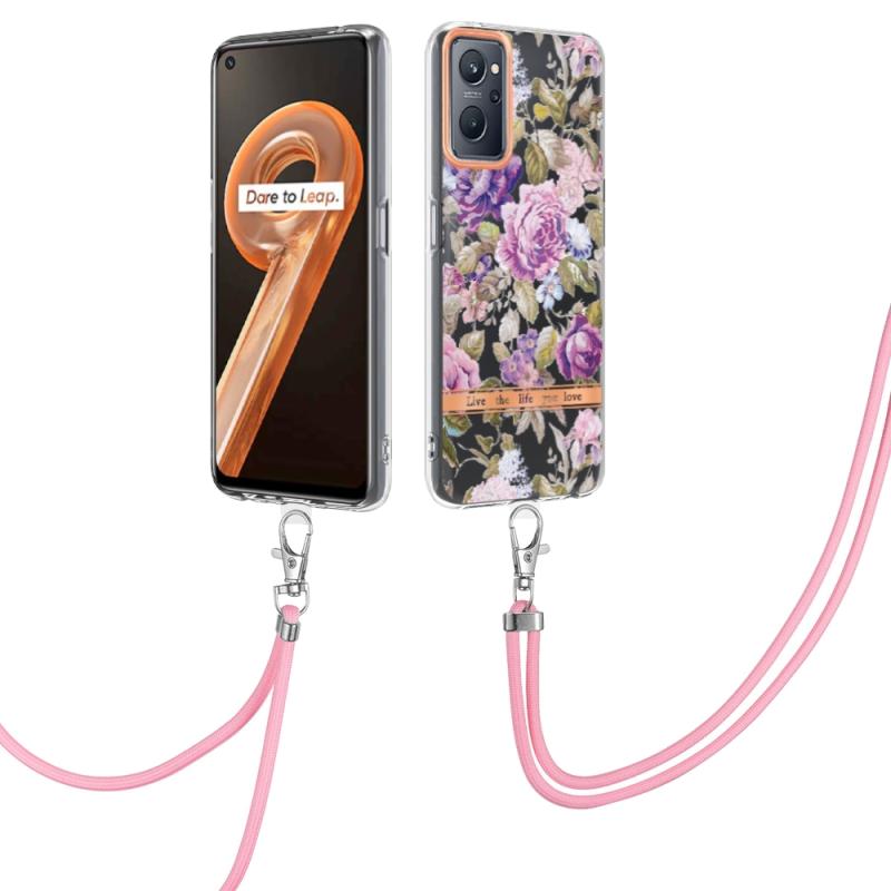 Voor Oppo Realme 9i/A36 Flowers -serie TPU -telefoonhoesje met lanyard (paarse pioen)