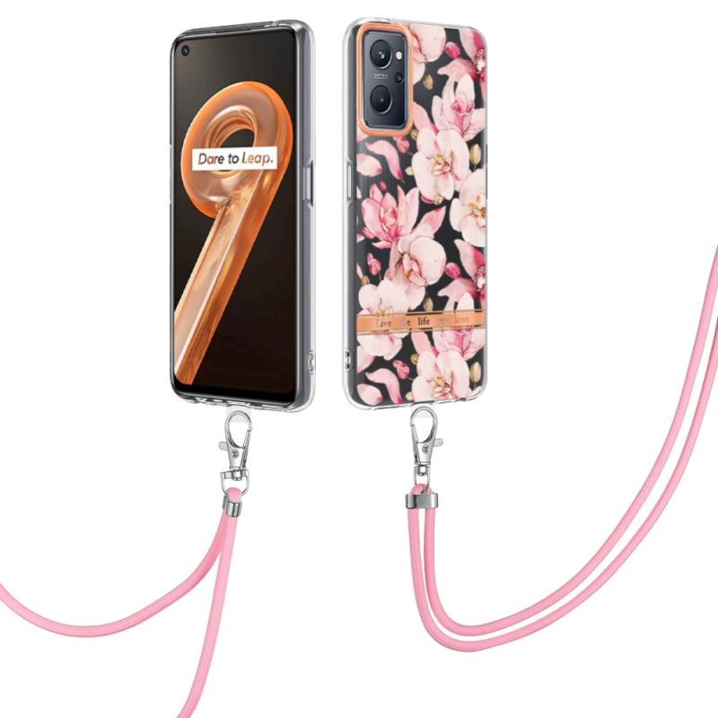 Voor Oppo Realme 9i/A36 Flowers -serie TPU -telefoonhoesje met Lanyard (Pink Gardenia)