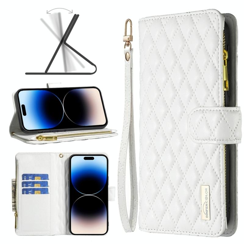 Diamond Lattice Zipper Wallet Leather Flip Phone Case voor iPhone 14 Pro