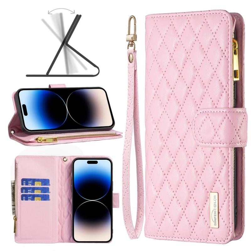 Diamond Lattice Zipper Wallet Leather Flip Phone Case voor iPhone 14 Pro