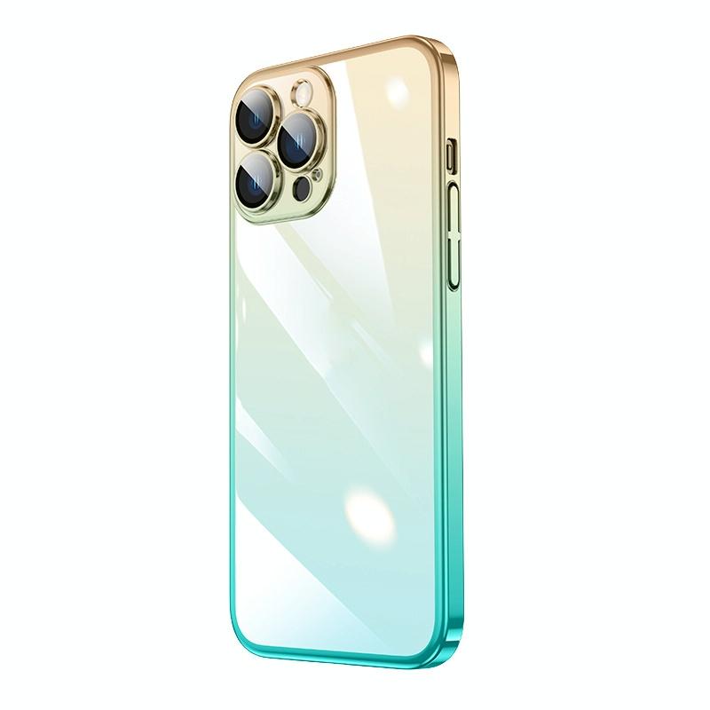 Transparant geëlektroplateerd pc-gradiënt telefoonhoesje voor iPhone 13 Pro Max (cyaanblauwe goud)