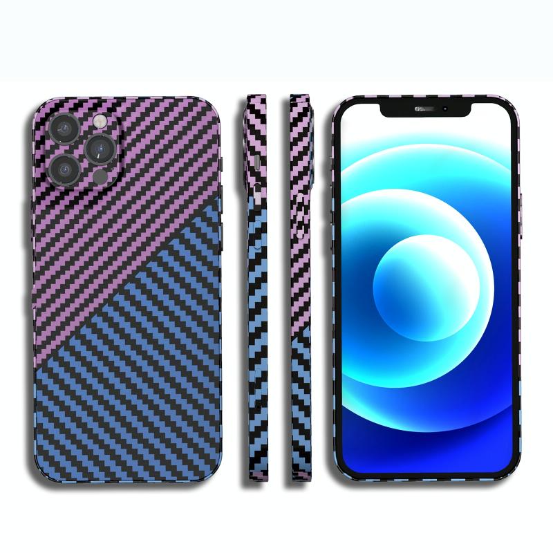 Carbon Fiber Texture PC Phone Case voor iPhone 14 (Blauw Paars)