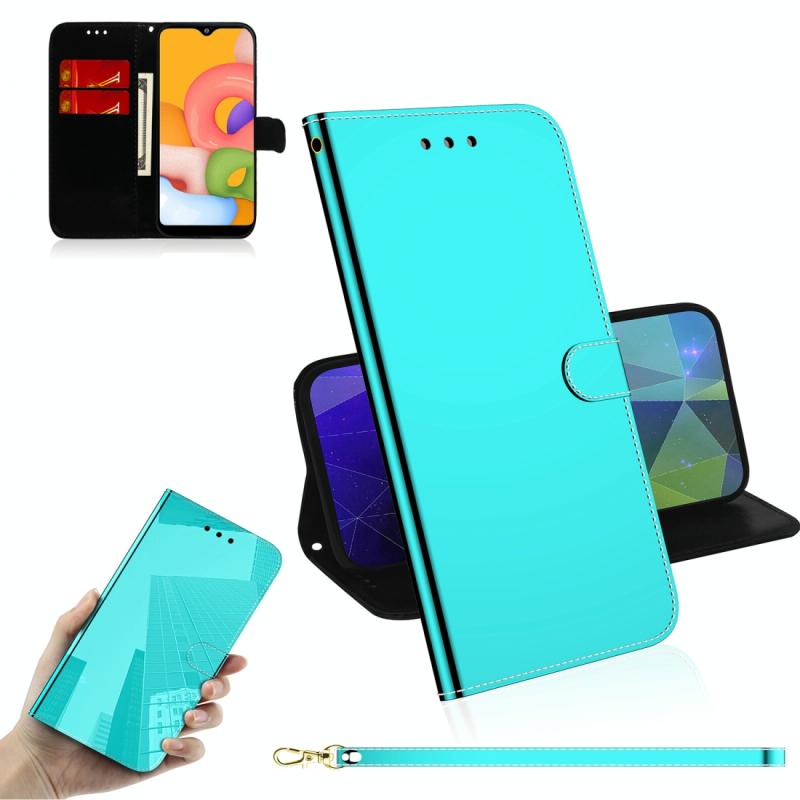 Voor Galaxy A01 Lmitated Mirror Surface Horizontal Flip Leather Case met Holder & Card Slots & Wallet & Lanyard(Mint Green)