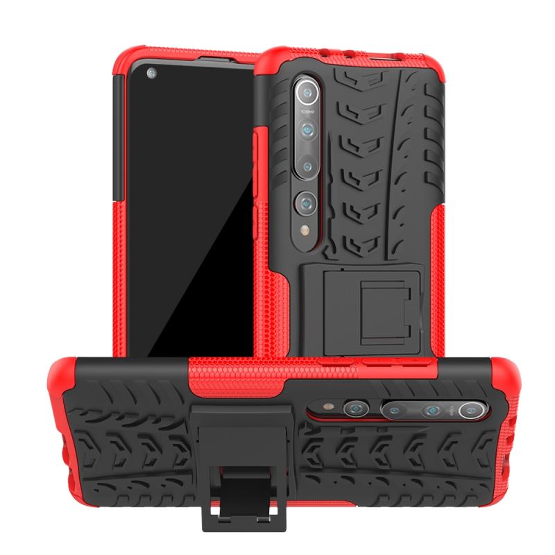Voor Xiaomi Mi 10 Tire Texture Shockproof TPU+PC Protective Case with Holder (Red)