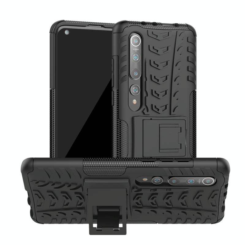 Voor Xiaomi Mi 10 Tire Texture Shockproof TPU+PC Protective Case with Holder (Black)