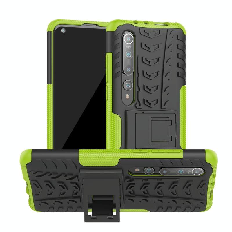 Voor Xiaomi Mi 10 Tire Texture Shockproof TPU+PC Protective Case with Holder (Green)